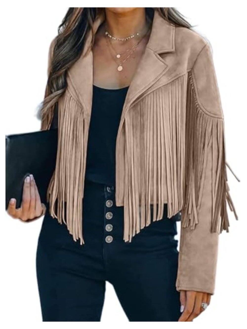 Faux Suede Fringe Cropped Jacket Western Cowgirl Motorcycle Coat